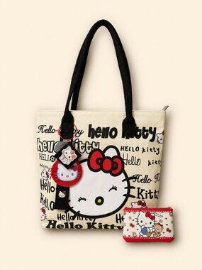 Hello Kitty Tote Bag + Coin Purse + Handmade Bag Charm Set